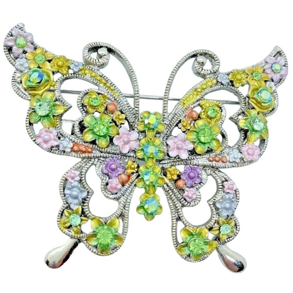 Wein Butterfly Brooch Pin Colorful Rhinestones & Flowers Signed